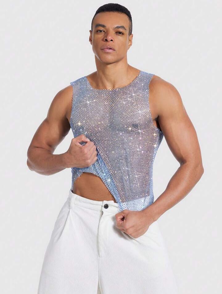 Manfinity AFTRDRK Men's Blue Elastic Mesh Rhinestone Decor Tank Top Rhinestone Top Men